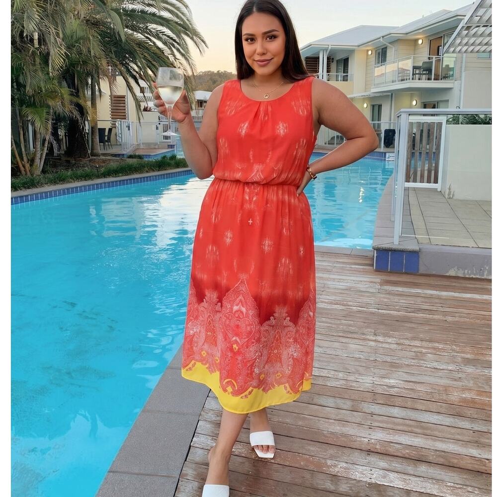 Peter Nygard Dress Orange Sleeveless Bold Colorful Cruise Vacation Dress sz 16 - Picture 15 of 15